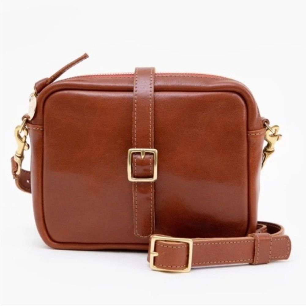 Clare V Chestnut Leather Crossbody with Gold Buckle